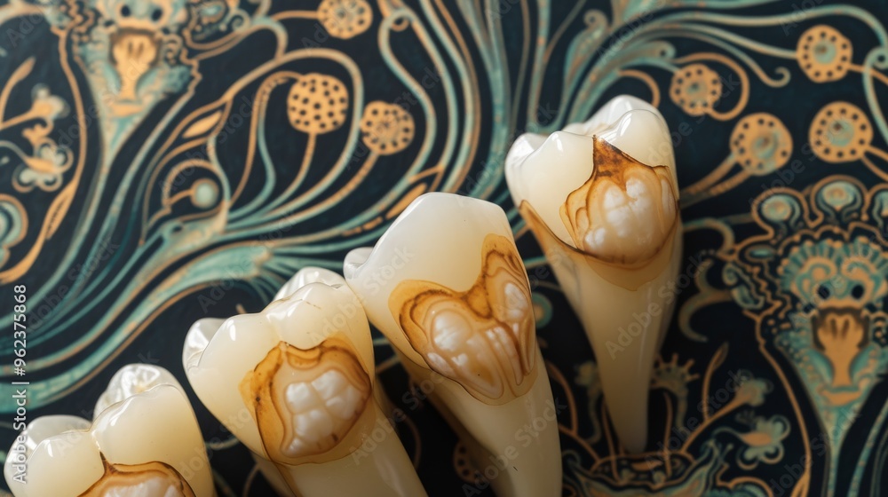 Aufkleber an artistic representation of tooth roots, displayed against a richly detailed background. the close