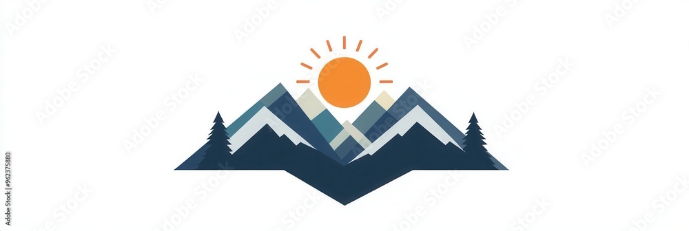 Poster A simple design captures snow-covered mountains and a bright sun emerging behind them, symbolizing morning and adventure in the wilderness. Generative AI