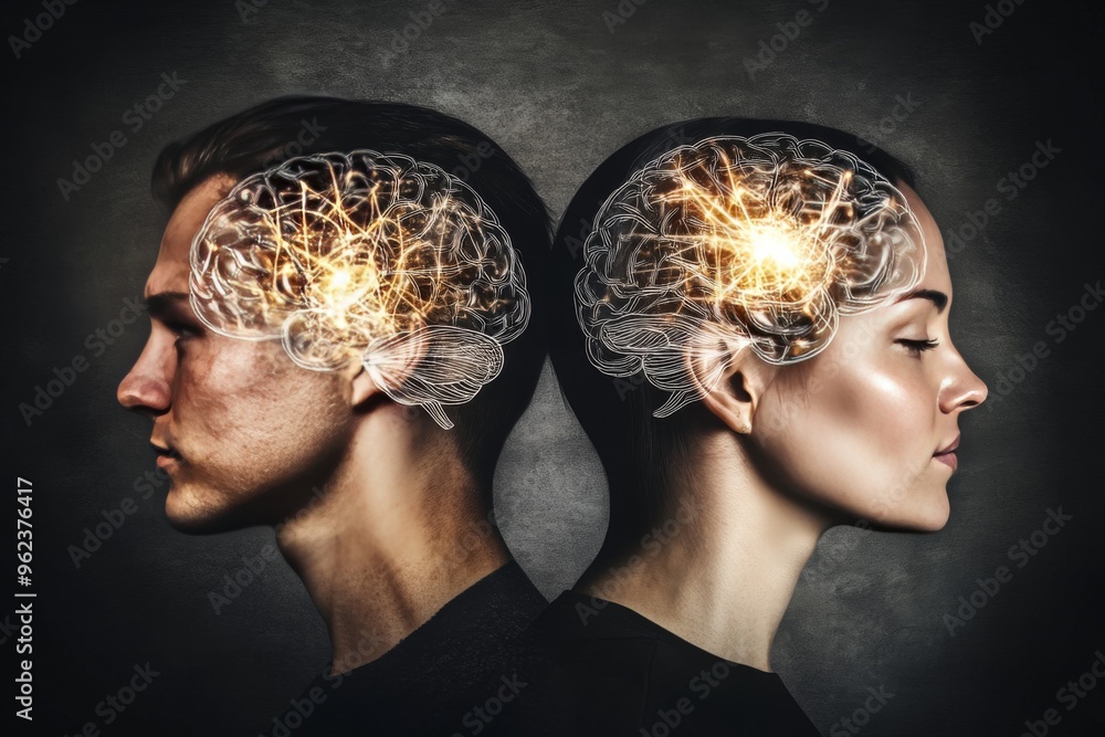 Aufkleber imaging training silhouetted profiles with glowing brain structures symbolizing the fusion of intell