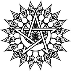Moon pentacle within circle ornament. Magic design and decor element. Highly detailed and neat lines for print or engraving, coloring book pages