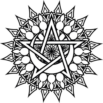Moon pentacle within circle ornament. Magic design and decor element. Highly detailed and neat lines for print or engraving, coloring book pages