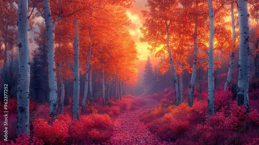 Poster a path through a vibrant autumn forest with tall trees and colorful foliage bathed in the golden lig