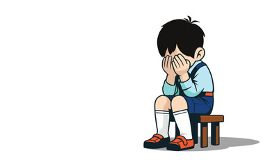 Sad Cartoon Boy Sitting Alone hiding into hand Symbolizing Anxiety Child Abuse, Depression and Loneliness Highlighting Mental Health Child Rights, and Counselling with Flat Design on White Background