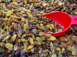 fresh raisins in the market close up
