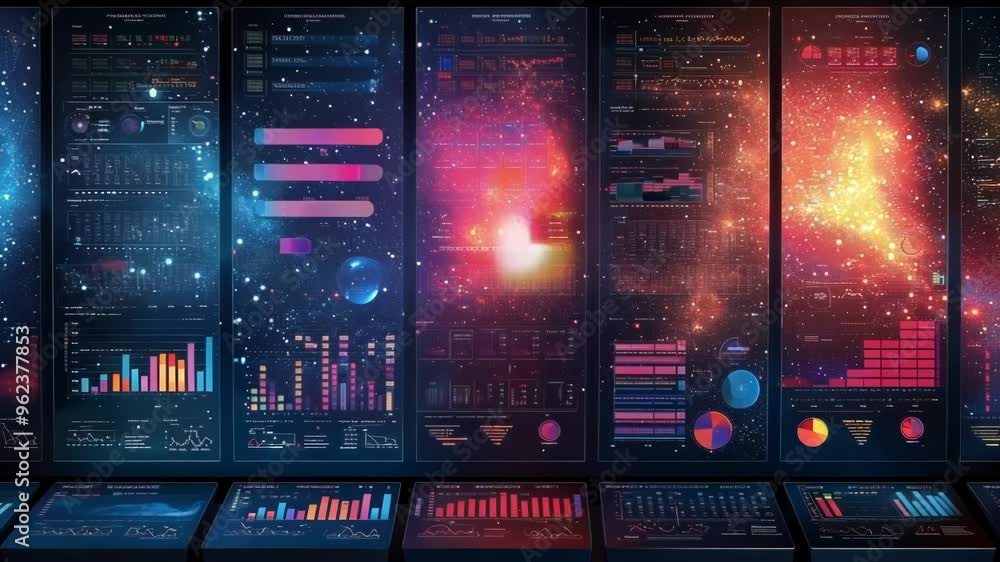 Poster futuristic control room with multiple screens displaying complex financial data and charts, suggesti