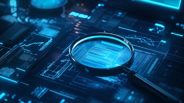 Magnifying Glass Analyzing Digital Data on Futuristic Interface, Cyber Security Concept
