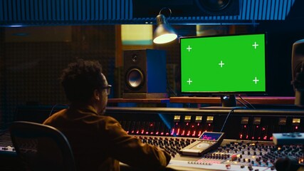 African american music producer working with greenscreen on pc, using mixing console to do mix and...