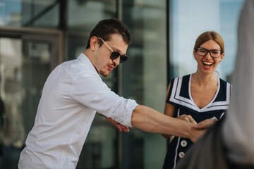 Two colleagues share a moment of laughter and fun outdoors, showcasing a joyful and friendly work environment.