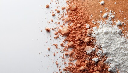 White and Copper Glitter Powder Spilled on White Background