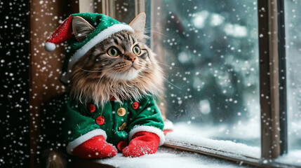 Adorable cat in a Christmas elf hat and sweater looking out the window, cozy winter scene with fluffy pet enjoying the snowy view