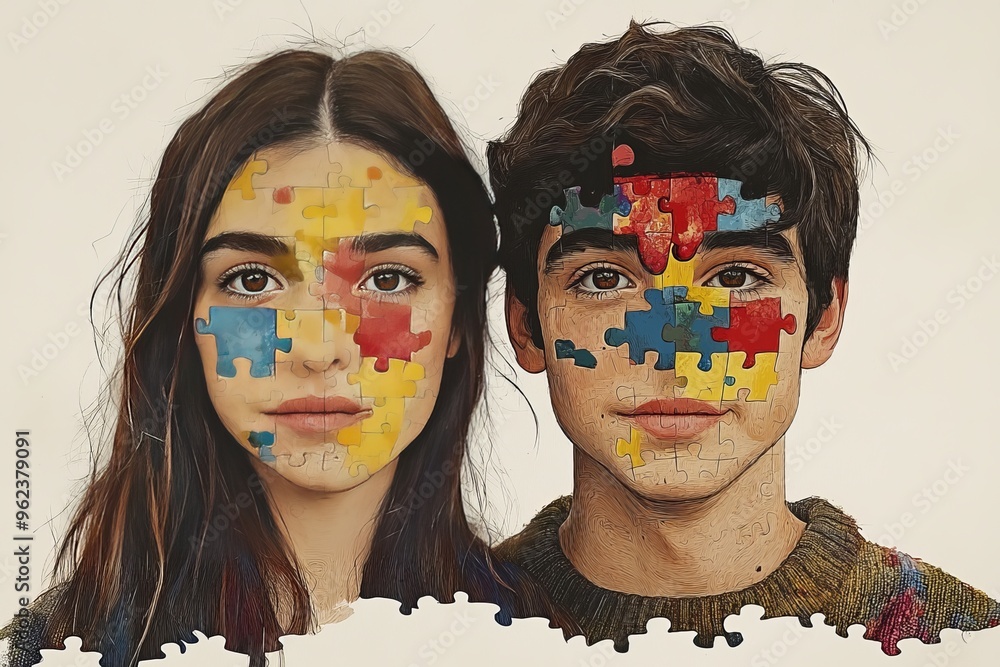 Poster thinking skill couple with painted faces covered in puzzle pieces representing the complexity and la