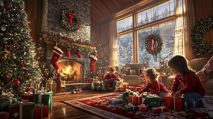 Excited Kids Opening Presents on Christmas Morning