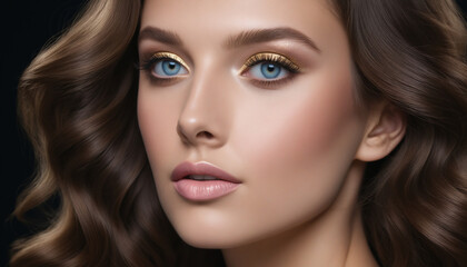 Fototapeta premium Close-up Portrait of a Beautiful Woman with Golden Eyeshadow and Wavy Brown Hair