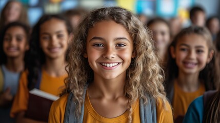 Fototapeta premium Smiling Schoolgirl with Curly Hair Standing Among Friends in Classroom, Highlighting Diversity and Joyful Education Environment