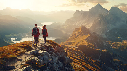 Fototapeta premium Couple Hiking in Scenic Mountain Landscape