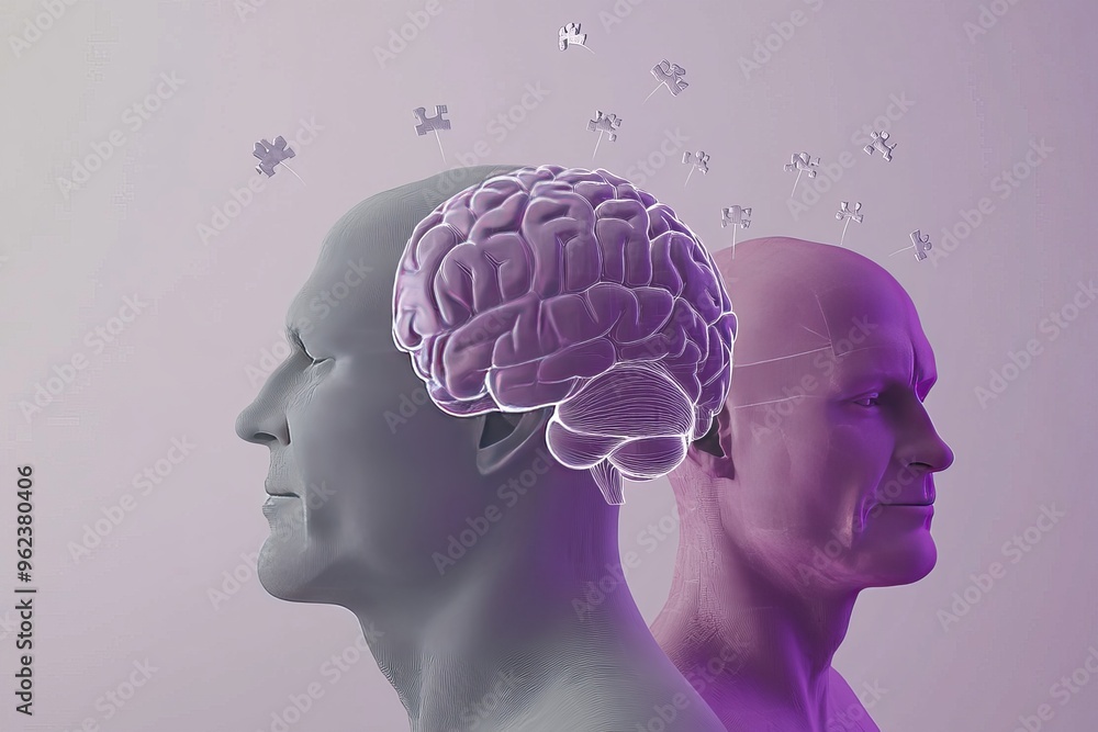 Poster brain plasticity capacity abstract pink themed depiction of two heads with exposed brains symbolizin