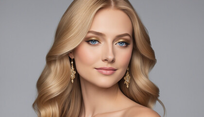 Naklejka premium Elegant Portrait of a Beautiful Blonde Woman with Golden Earrings and Flawless Makeup