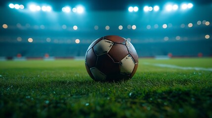 Fototapeta premium A close-up of a weathered soccer ball lying on the green grass of a field with stadium lights in the background.