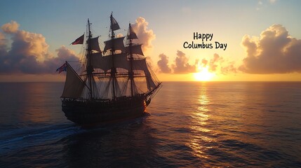 Fototapeta premium Columbus Day Greeting Card with Ship at Sunset