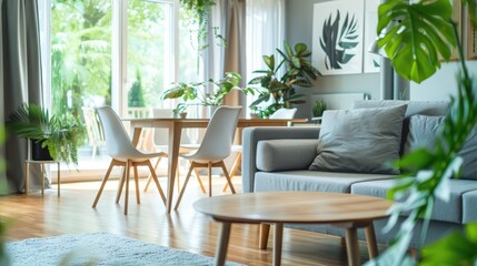 Interior of living and dining room with open space, featuring gray sofa, wooden tables, white chairs, and plants - actual image