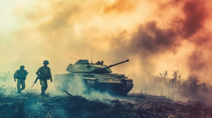 Soldiers in Action Amidst Battlefield Smoke