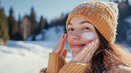 Smiling Woman Applying Sunscreen in Winter Landscape