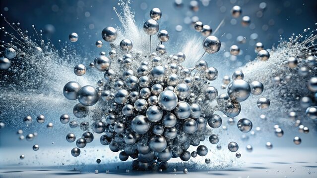 macro silver nanoparticles explosion frozen motion bright white background abstract high contrast dramatic lighting