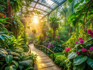 whimsical morning sunlight filters through lush greenery in atlanta botanical garden's tropical rainforest canopy walk surrounded by exotic flowers in soft pastel hues