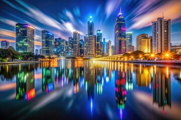 Obraz premium long exposure silky smooth water nighttime cityscape modern lights