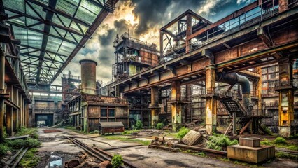 Fototapeta premium moody gritty industrial photography showcasing old rusty abandoned factories with broken machinery and a sense of decay amidst a grey concrete jungle