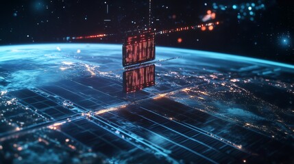 Futuristic Satellite with Red Lights Orbiting Earth at Night.