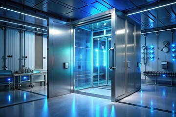 futuristic sleek metal door sliding open to a high-tech laboratory with glowing blue lights and holographic projections