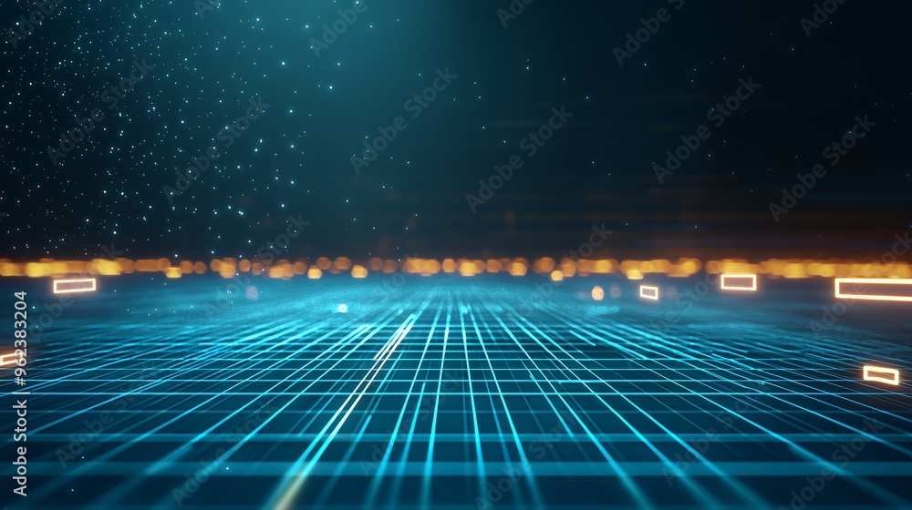 Poster abstract blue and orange grid with glowing lines and bokeh effect.
