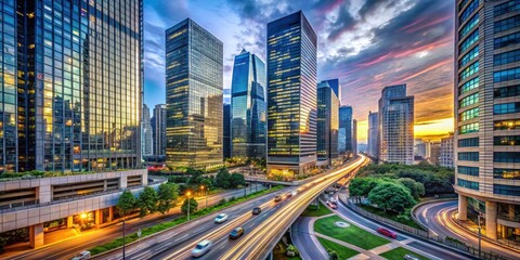 Naklejka premium Modern Cityscape Financial District Glass Building Busy Streets Rush Hour