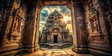 dramatic giant stone door slowly opening to a majestic ancient temple with intricate carvings and mysterious shadows