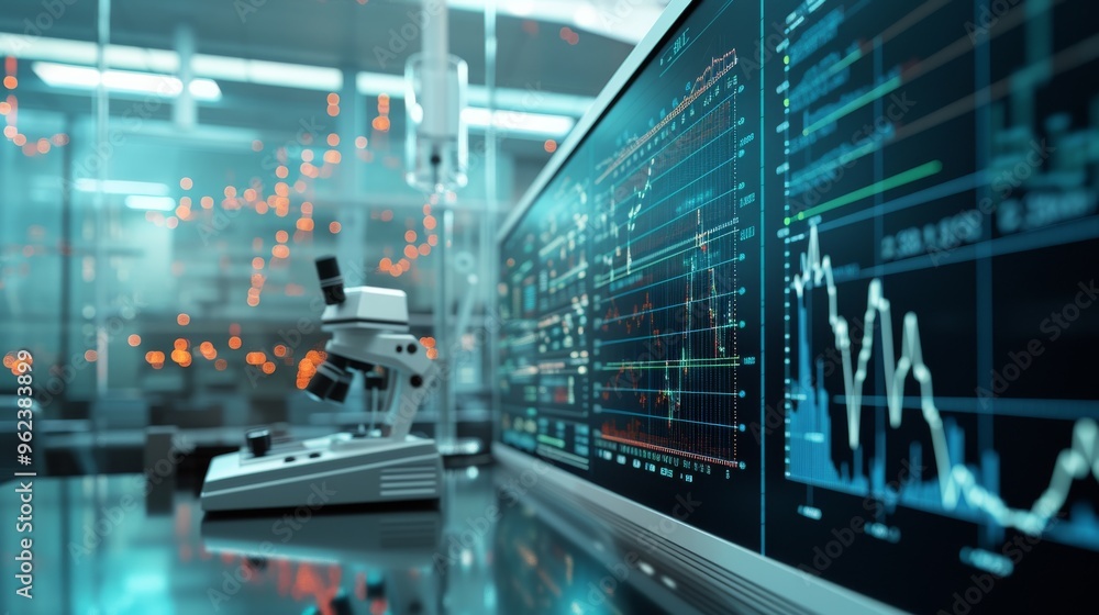Poster a laboratory setting features a close-up of a microscope next to a monitor displaying complex financ