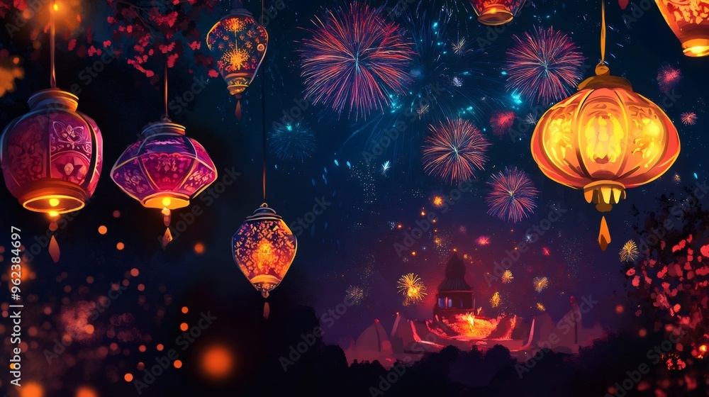 Poster illuminated lanterns hanging in the night sky with vibrant fireworks exploding over an ancient templ