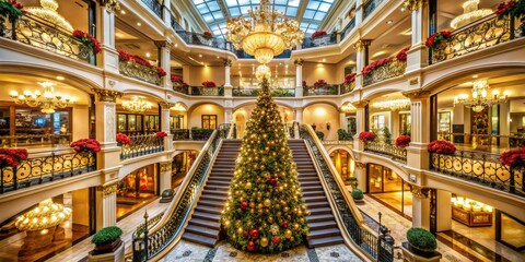 Naklejka premium luxurious shopping center opulent grand staircase extravagant Christmas decorations lavish chandeliers rich warm tones festive atmosphere high-end fashion shoppers sophisticated elegance