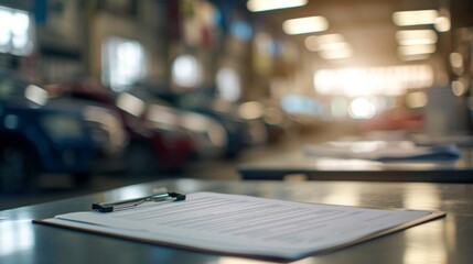 A blurred contract placed on a table in an automotive showroom, with a soft focus background of cars and dealership environment, creating a sense of business and transaction in the automotive industry