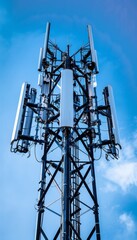 sharp photo of a telecommunication tower featuring 4G and 5G cellular technology, isolated