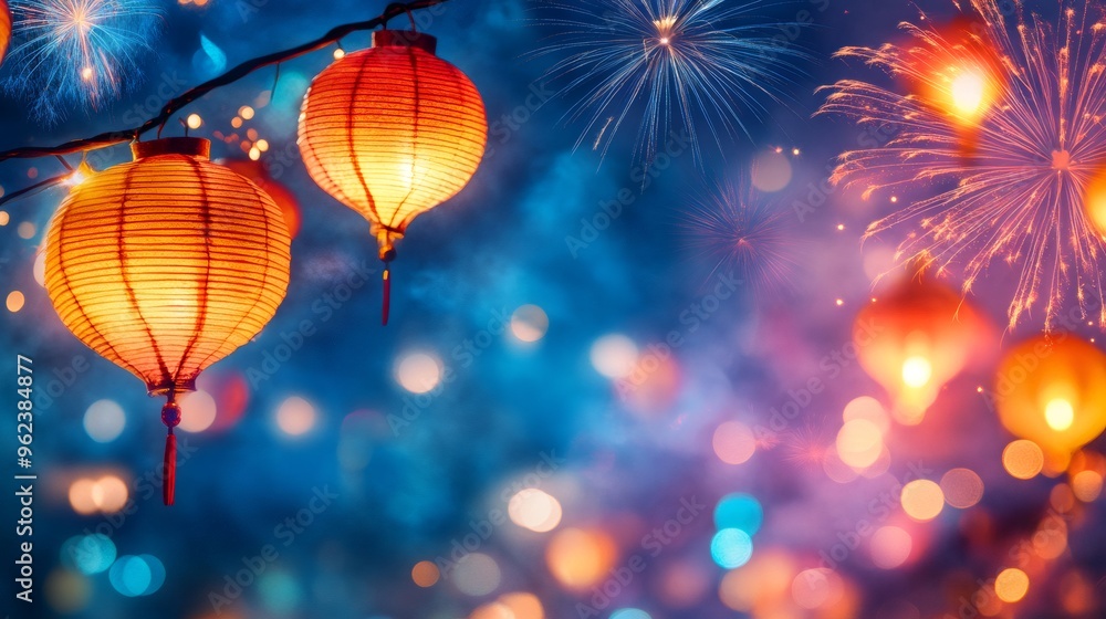 Aufkleber illuminated chinese lanterns with fireworks display and bokeh lights.
