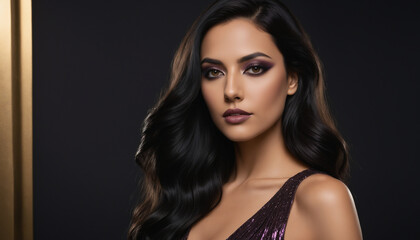 Fototapeta premium Elegant Woman with Glamorous Makeup and Long Black Hair in Studio Portrait 