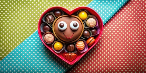 Fototapeta premium playful heart eyes peeking out of quirkily designed box filled with assorted chocolates on brightly colored polka dots