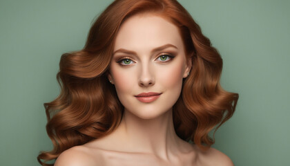 Fototapeta premium Elegant Portrait of a Red-Haired Woman with Soft Curls and Green Eyes on a Green Background 