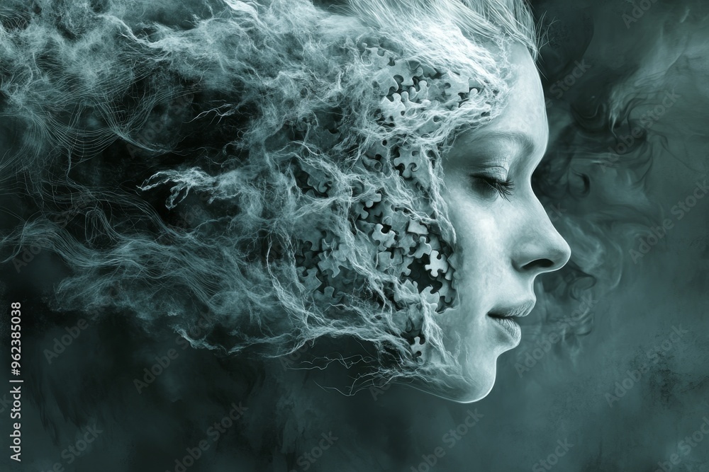 Poster cognitive drill flexibility womans face dissolving into mist representing the ethereal nature of tho