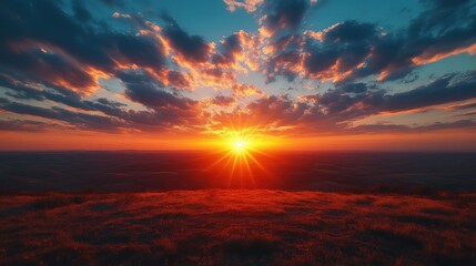 A vibrant sunset with a fiery sky casts warm light over a grassy field.