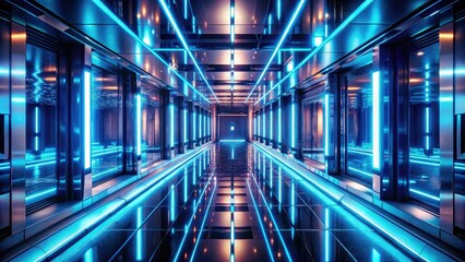 Obraz premium Luminous surreal hallway of mirrored doors in a futuristic sci-fi setting with neon blue tones and reflections creating infinite depth