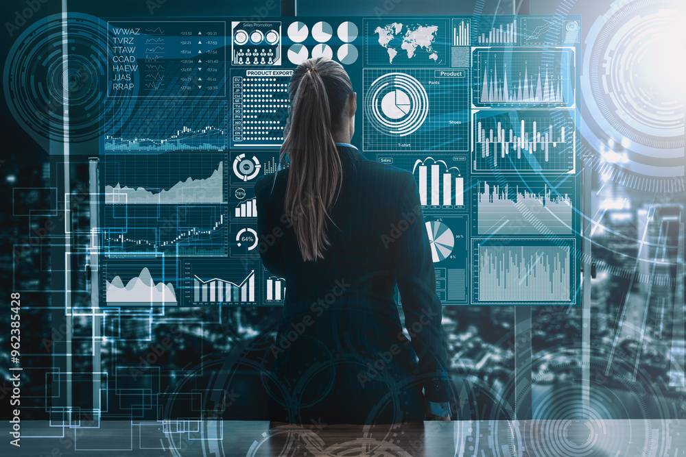 Poster big data technology for business finance analytic concept. modern interface shows massive informatio