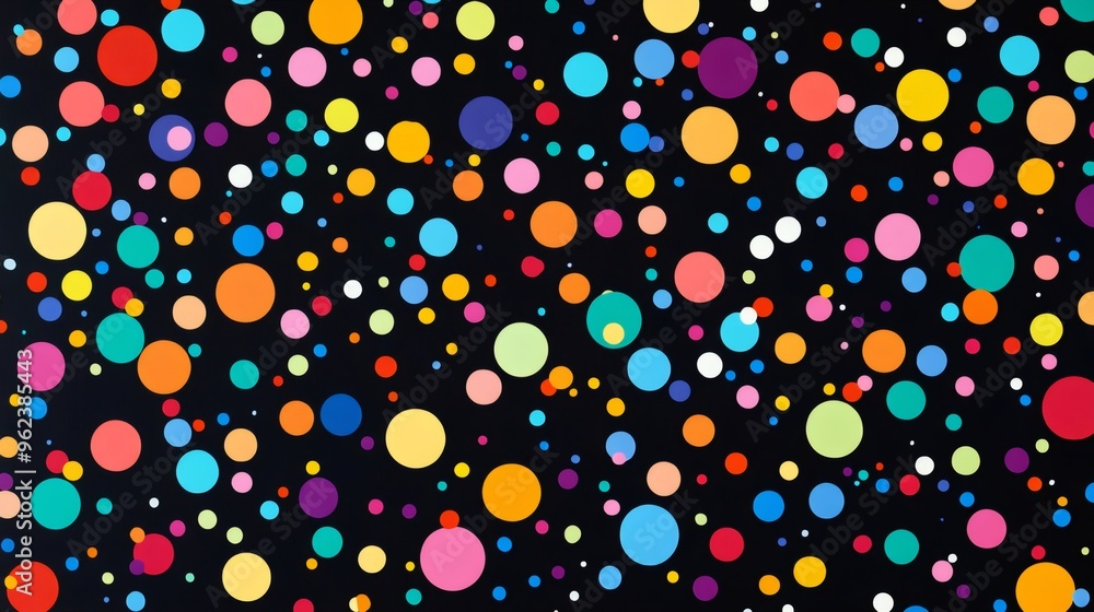 Poster abstract background with colorful polka dots on black surface.