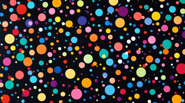 Abstract background with colorful polka dots on black surface.